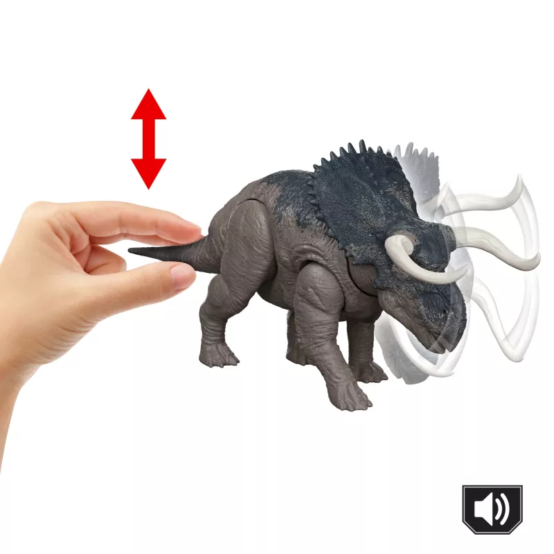 Jurassic World Rebirth Wild Roar Nasutoceratops juguete de dinosaurio, mordida de ataque y sonido controlados por la cola