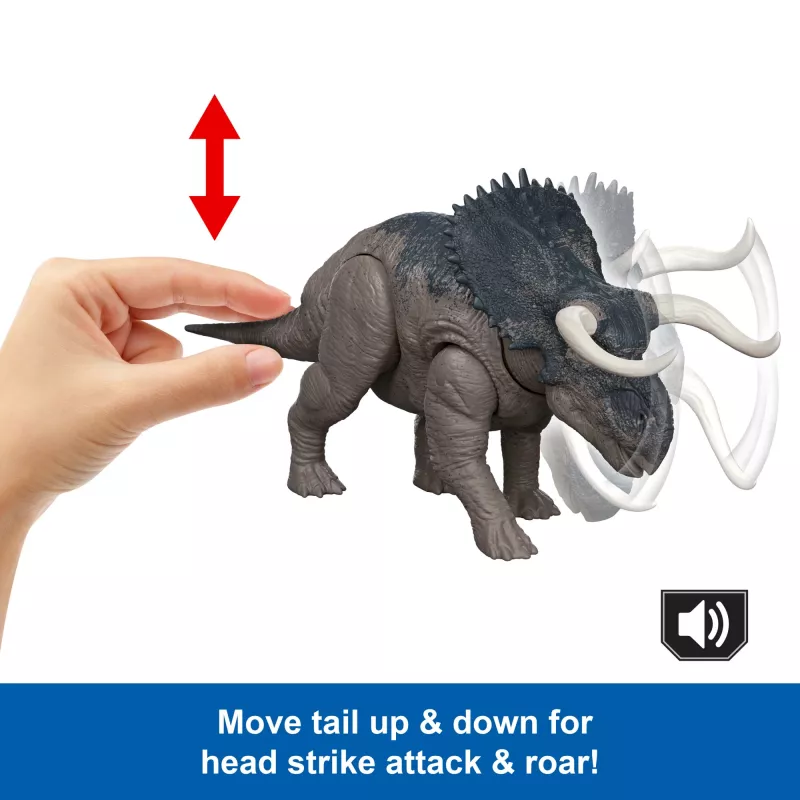 Jurassic World Rebirth Wild Roar Nasutoceratops juguete de dinosaurio, mordida de ataque y sonido controlados por la cola