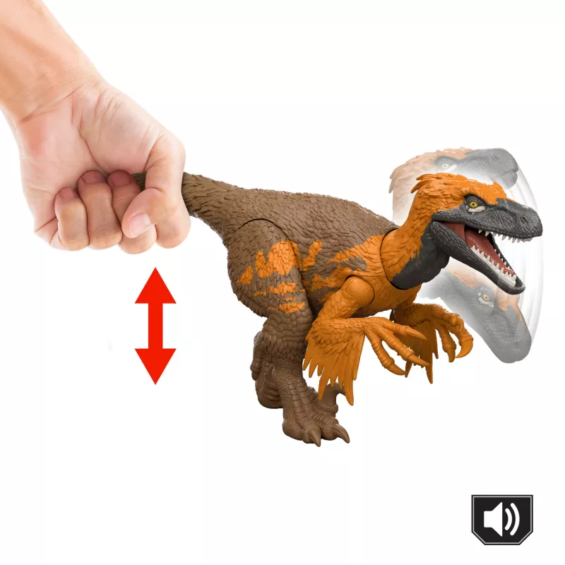 Jurassic World Rebirth Wild Roar Utahraptor juguete de dinosaurio, mordida de ataque y sonido controlados por la cola