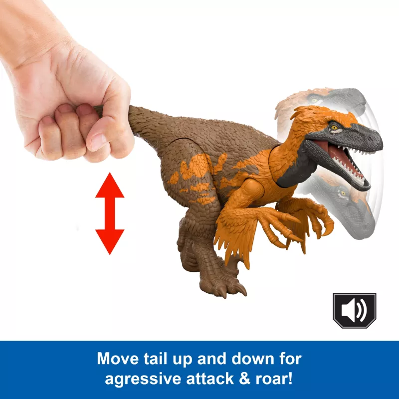 Jurassic World Rebirth Wild Roar Utahraptor juguete de dinosaurio, mordida de ataque y sonido controlados por la cola
