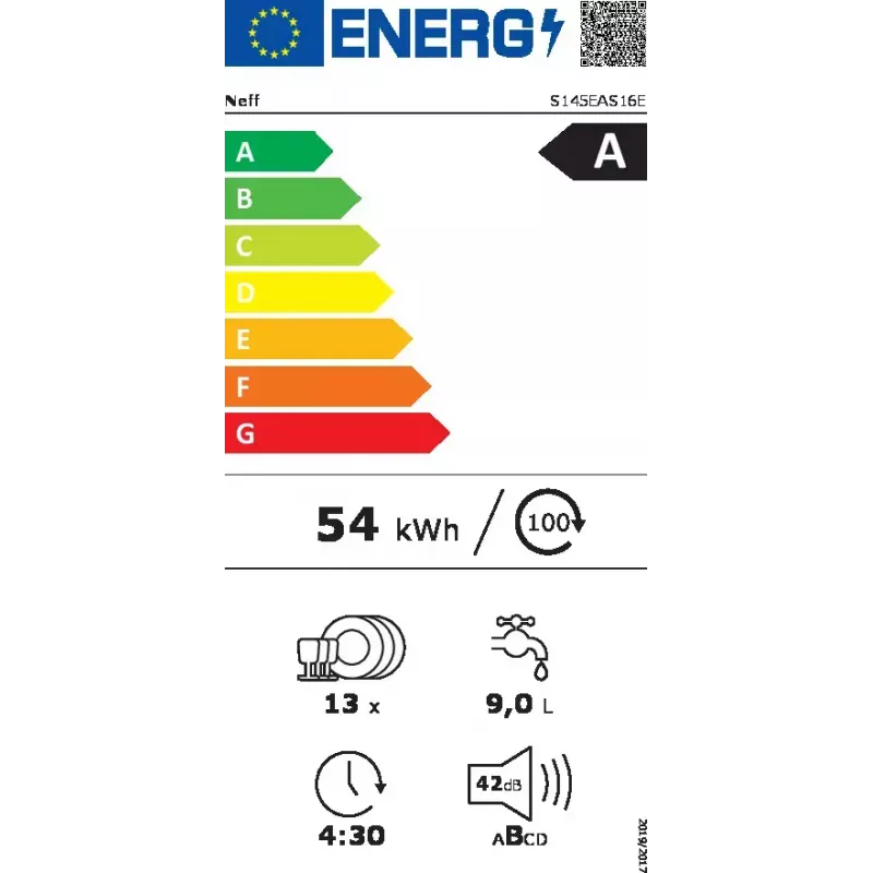 NEFF S145EAS16E, semintegrado, 13 cubiertos, energía A, 42 dB, Home Connect