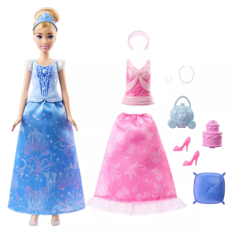 Muñeca de moda Disney Princess 2 en 1 Historias Cinderella con 2 tops intercambiables, 2 faldas y 9 accesorios