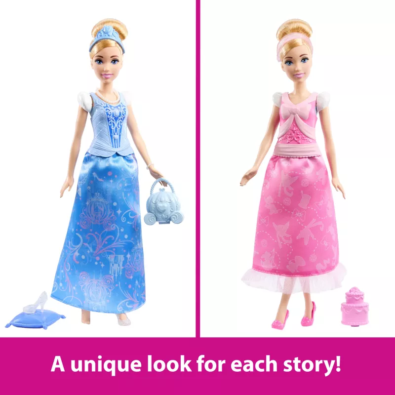 Muñeca de moda Disney Princess 2 en 1 Historias Cinderella con 2 tops intercambiables, 2 faldas y 9 accesorios
