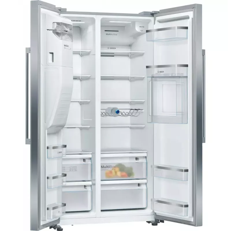 Bosch Serie 6 KAG93AIEP frigorífico Side-by-Side, de libre instalación, 560 l (369 l + 191 l), dispensador de hielo y agua, E, acero inoxidable
