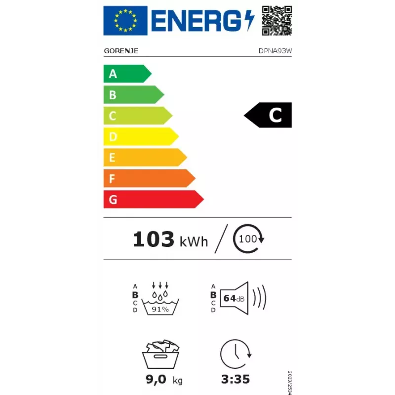 Secadora de ropa Gorenje DPNA93W bomba de calor, independiente, carga frontal, 9 kg, blanca, clase energética C