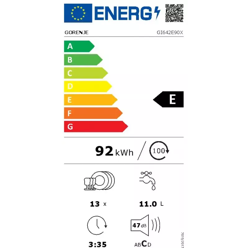 Lavavajillas Gorenje GI642E90X semintegrado, 13 cubiertos, 60 cm, 47 dB, 11 l/ciclo, clase energética E