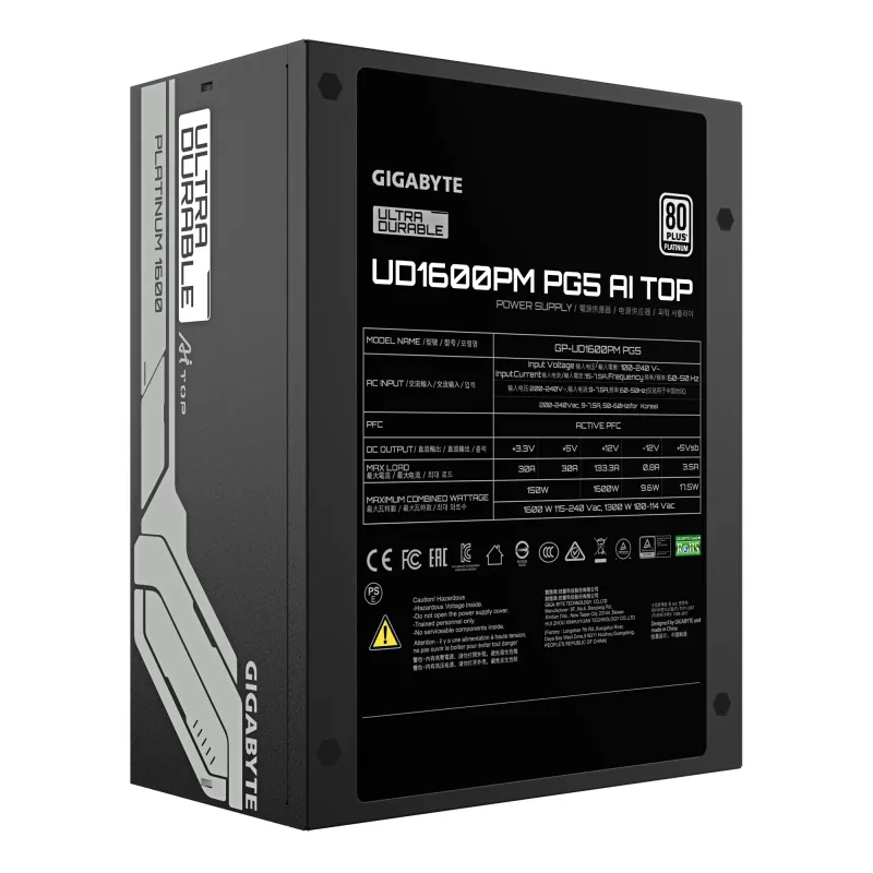 Fuente de alimentación GIGABYTE UD1600PM PG5 1600W, 80 PLUS Platinum, 92% de eficiencia, ATX 20+4 pines, ventilador de 120 mm, negro