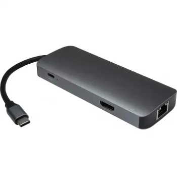 Hub multipuerto USB-C INTER-TECH H-428 — host USB 3.2 Gen 1 Type-C, HDMI, USB-A, SD/MicroSD, Gigabit Ethernet, 5000 Mbit/s