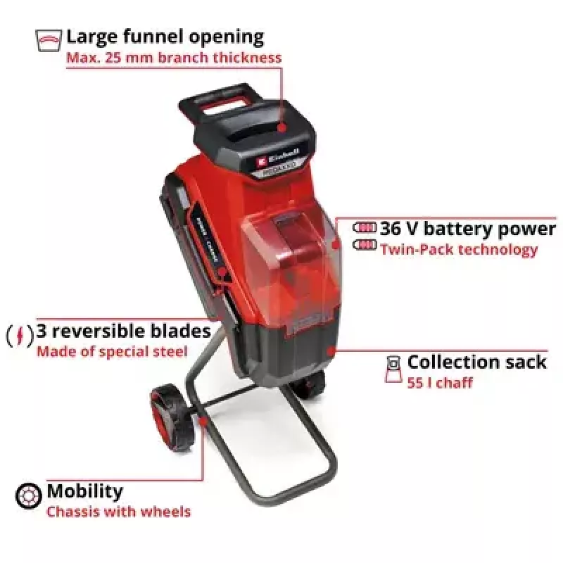 Einhell REDAXXO 36/25 biotrituradora de cuchillas a batería para jardín, 36 V (2x18 V), rama máx. 25 mm, solo sin batería ni cargador, rojo/negro