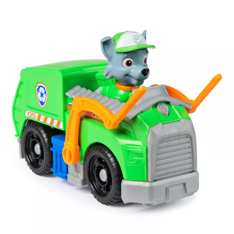 PAW Patrol, camión de reciclaje de Rocky, coche de juguete con figura de acción coleccionable, juguete sostenible para niños y niñas a partir de 3 años