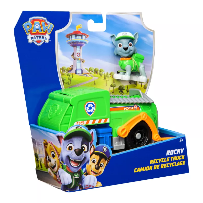 PAW Patrol, camión de reciclaje de Rocky, coche de juguete con figura de acción coleccionable, juguete sostenible para niños y niñas a partir de 3 años