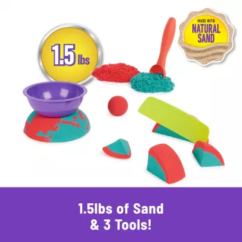 Set de arena cinética para niños Spinmaster Mold n’ Flow 1,5 lb rojo y turquesa con 3 herramientas (a partir de 3 años)