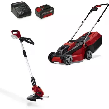 Set cortacésped y desbrozadora a batería EINHELL GE-CM 18/30 + GE-CT 18, rojo/negro, Li-Ion 4,0 Ah