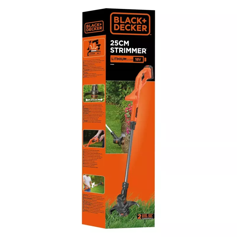 Black & Decker ST182320-QW cortabordes a batería, 18 V, 2,0 Ah Li-Ion, ancho de corte de 25 cm, con batería y cargador, naranja/negro