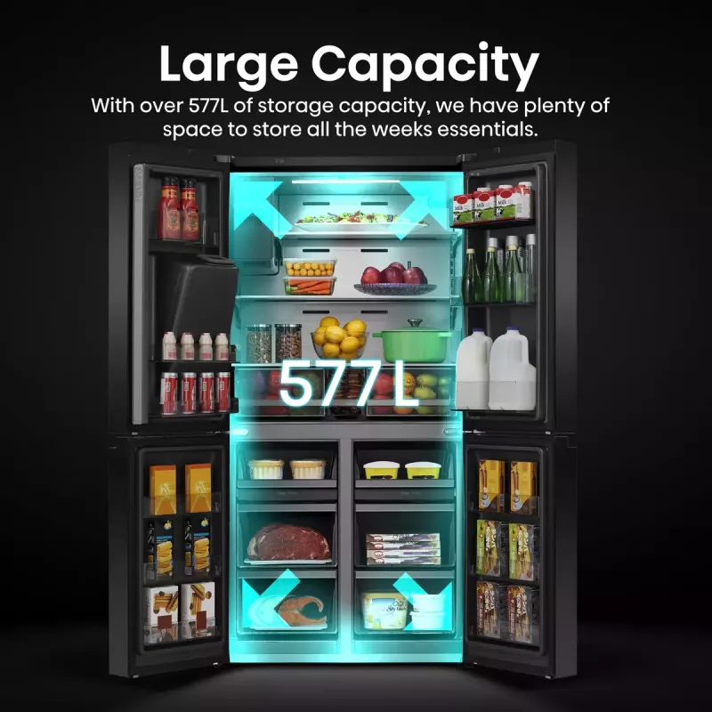 Hisense RQ760N4IFE frigorífico combi multipuerta, de libre instalación, frigorífico 345 l, congelador 232 l, dispensador de agua/hielo, 178,5 cm, clase energética E, negro