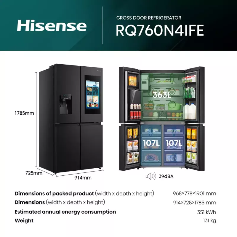 Hisense RQ760N4IFE frigorífico combi multipuerta, de libre instalación, frigorífico 345 l, congelador 232 l, dispensador de agua/hielo, 178,5 cm, clase energética E, negro