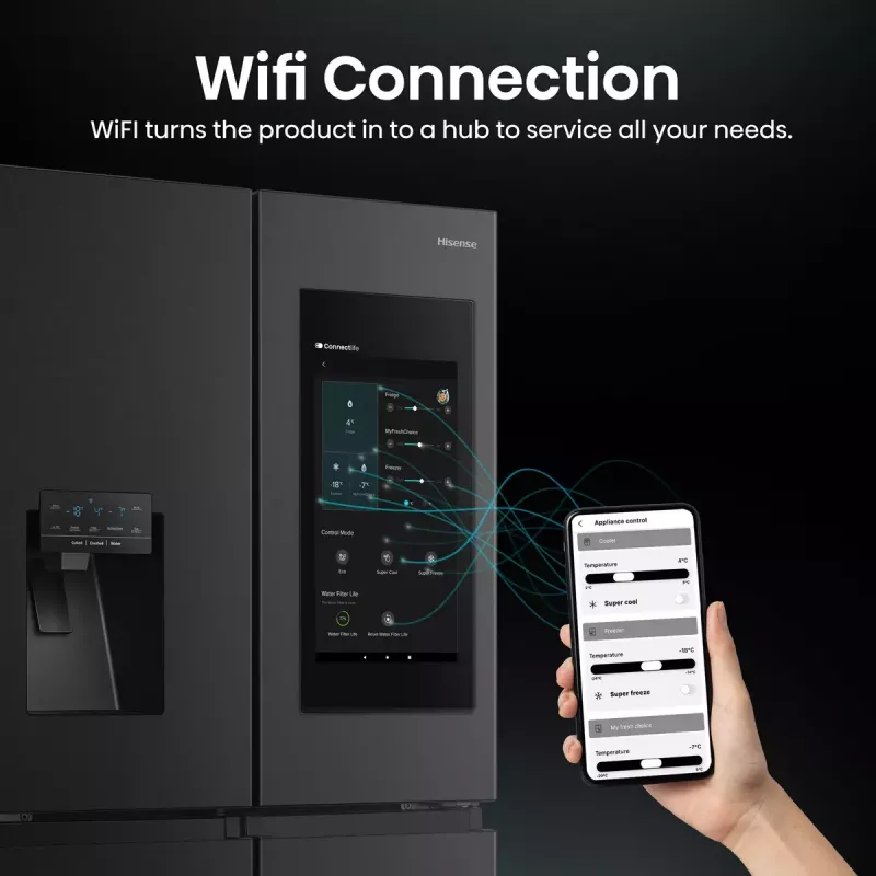 Hisense RQ760N4IFE frigorífico combi multipuerta, de libre instalación, frigorífico 345 l, congelador 232 l, dispensador de agua/hielo, 178,5 cm, clase energética E, negro