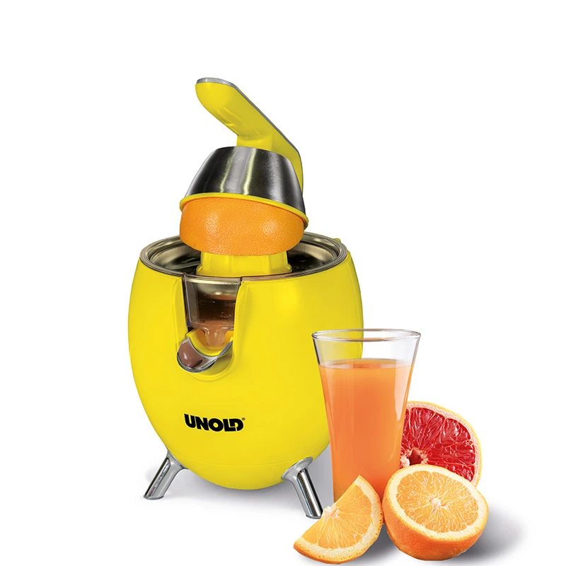 Unold 78132 Power Juicy exprimidor de cítricos eléctrico, 300 W, antigoteo, arranque/parada automático, amarillo/acero inoxidable