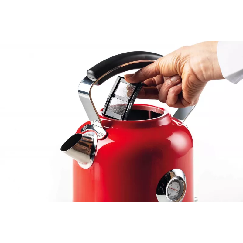Hervidor Ariete 2854 Moderna, 2000 W, capacidad 1,7 l, 360° sin cable, sistema de apagado automático, filtro extraíble, nivel de agua visible, termómetro, rojo