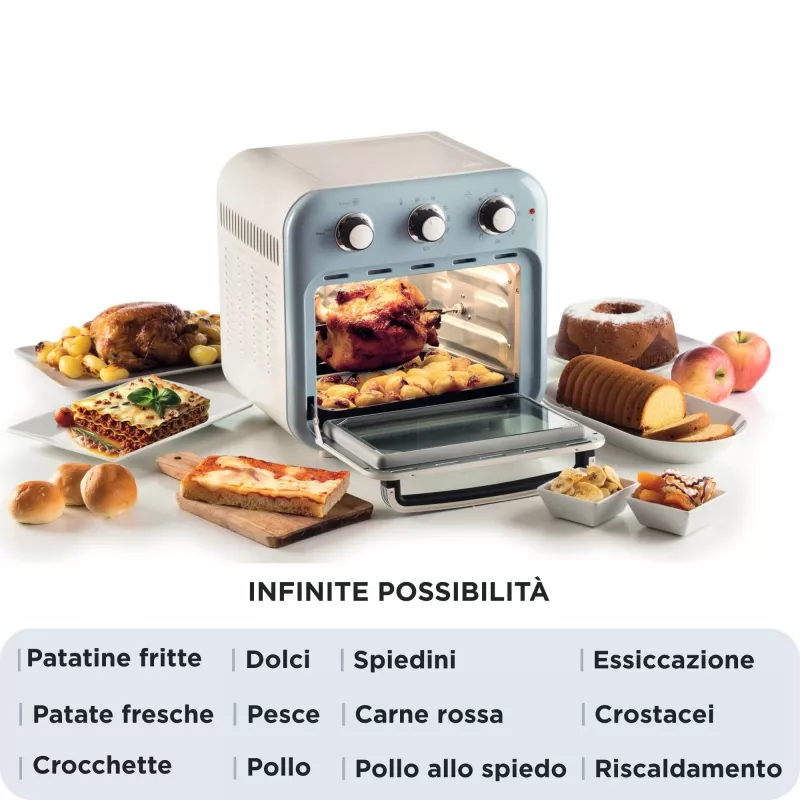 Freidora de aire y horno Ariete 4632 Vintage, 1400W, 2en1, capacidad 16L, accesorios incluidos, temporizador 60 minutos, doble cristal, azul