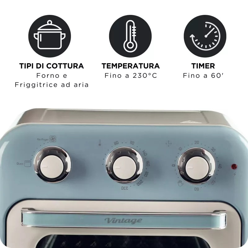 Freidora de aire y horno Ariete 4632 Vintage, 1400W, 2en1, capacidad 16L, accesorios incluidos, temporizador 60 minutos, doble cristal, azul