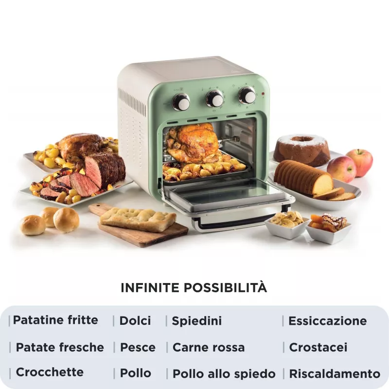 Freidora de aire y horno Ariete 4632 Vintage, 1400W, 2en1, capacidad 16L, accesorios incluidos, temporizador 60 minutos, doble cristal, verde