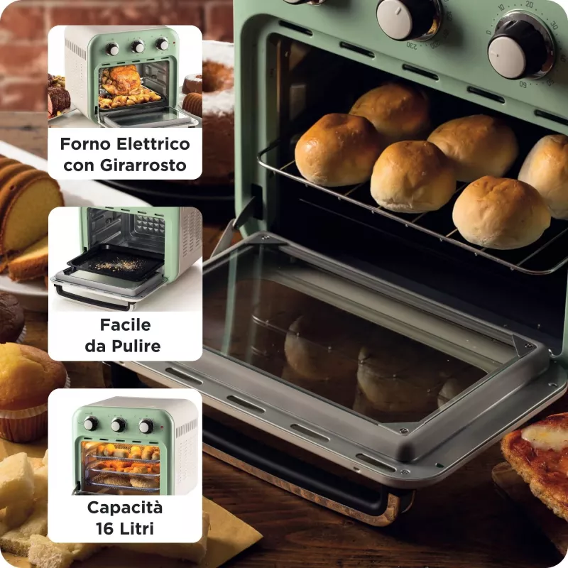 Freidora de aire y horno Ariete 4632 Vintage, 1400W, 2en1, capacidad 16L, accesorios incluidos, temporizador 60 minutos, doble cristal, verde