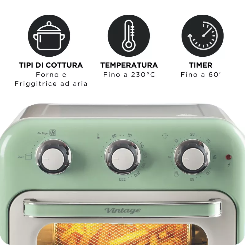 Freidora de aire y horno Ariete 4632 Vintage, 1400W, 2en1, capacidad 16L, accesorios incluidos, temporizador 60 minutos, doble cristal, verde