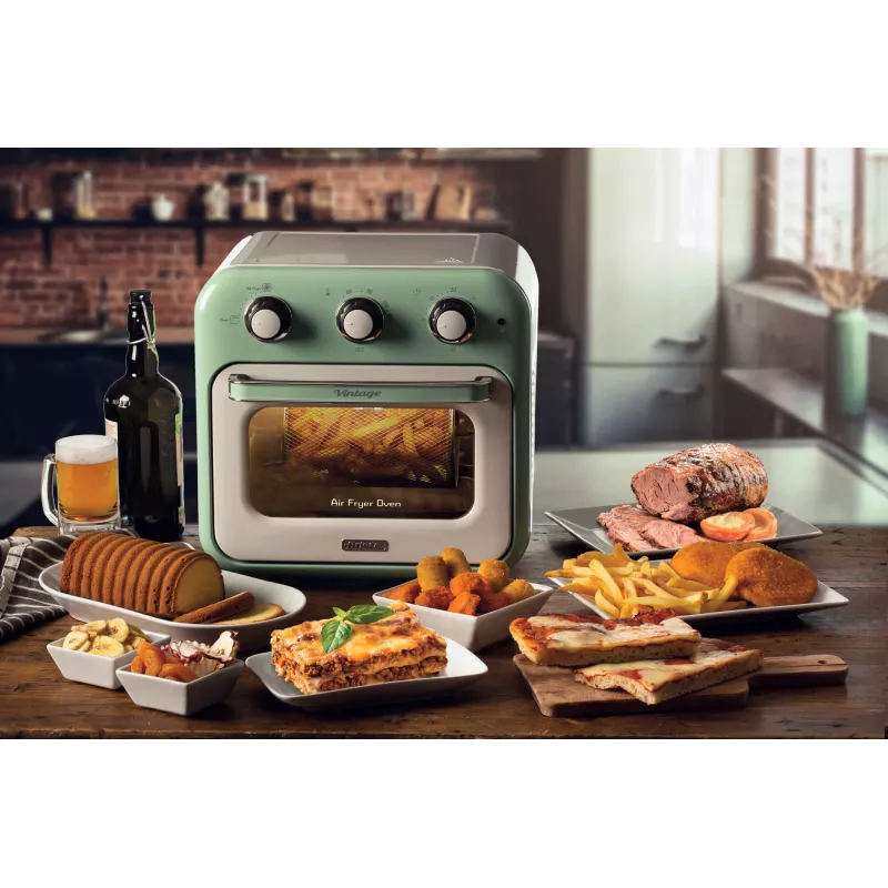 Freidora de aire y horno Ariete 4632 Vintage, 1400W, 2en1, capacidad 16L, accesorios incluidos, temporizador 60 minutos, doble cristal, verde