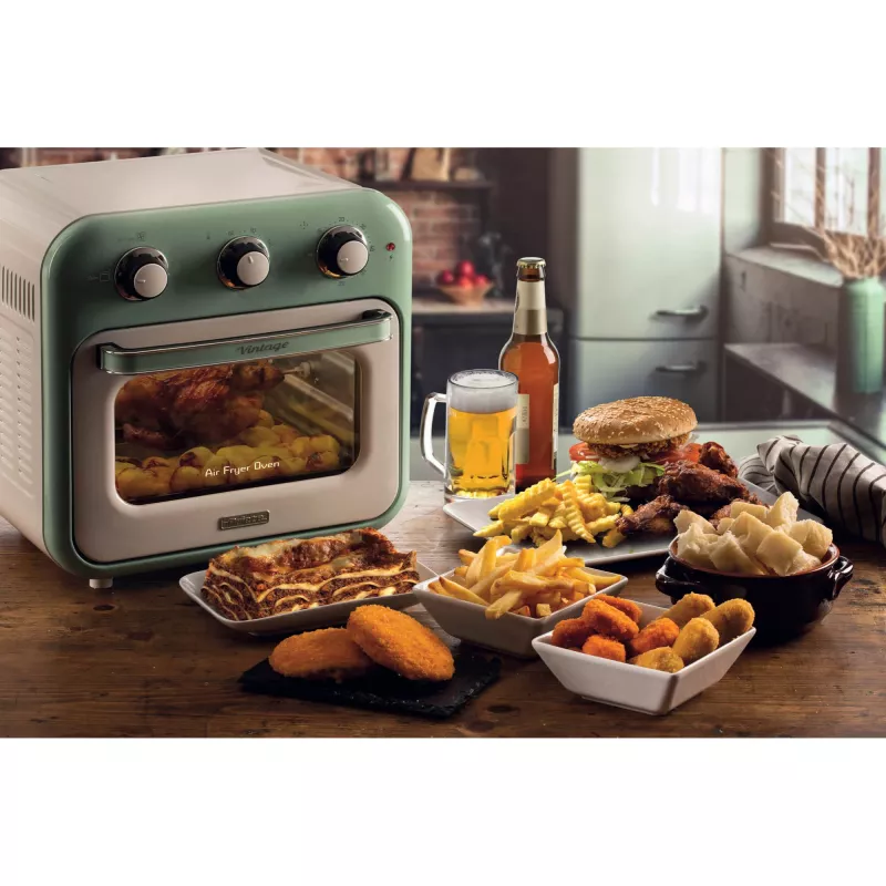Freidora de aire y horno Ariete 4632 Vintage, 1400W, 2en1, capacidad 16L, accesorios incluidos, temporizador 60 minutos, doble cristal, verde