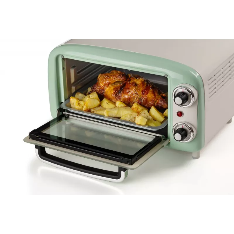 Mini horno eléctrico Ariete 3919 Vintage, 800 W, capacidad 10 L, doble cristal, retro, verde