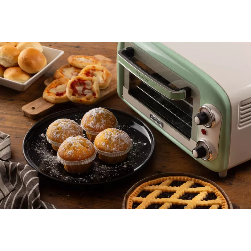 Mini horno eléctrico Ariete 3919 Vintage, 800 W, capacidad 10 L, doble cristal, retro, verde