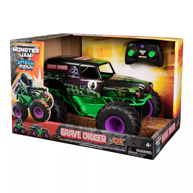 Monster Jam, vehículo teledirigido oficial Smash & Bash Grave Digger para interior y exterior, monster truck reparable a escala 1:15, juguete para niños y niñas a partir de 4 años