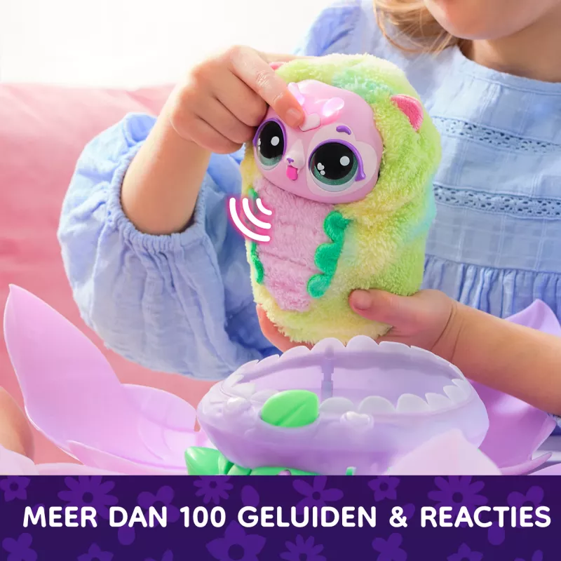 Hatchimals Bloomables de , Puppyfly Juguete interactivo sorpresa y flor con revelación y transformación repetibles, más de 100 sonidos y reacciones (estilos variados), juguete infantil para niñas y niños