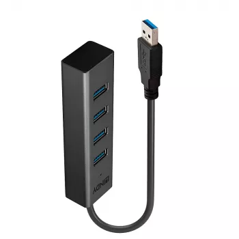 Hub USB Lindy 4 puertos USB 3.0, USB 3.2 Gen 1 (3.1 Gen 1) Type-A, USB 3.2 Gen 1 (3.1 Gen 1) Type-A, 5000 Mbit/s, negro, aluminio, plástico, 0.3 m