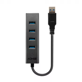 Hub USB Lindy 4 puertos USB 3.0, USB 3.2 Gen 1 (3.1 Gen 1) Type-A, USB 3.2 Gen 1 (3.1 Gen 1) Type-A, 5000 Mbit/s, negro, aluminio, plástico, 0.3 m
