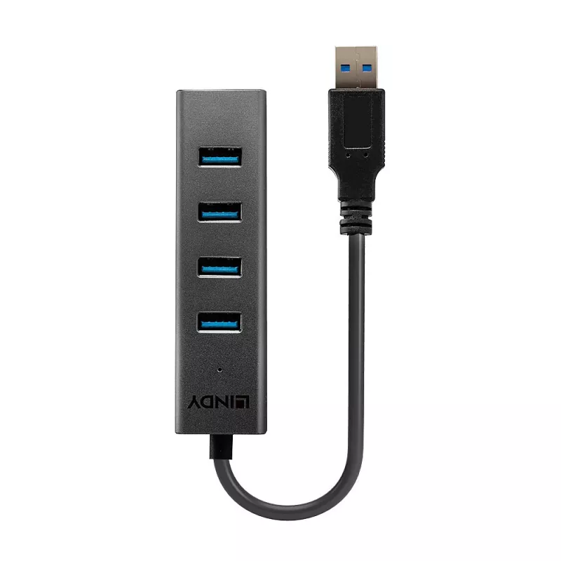 Lindy 43324 hub USB 3.0 de 4 puertos, USB 3.2 Gen 1 Type-A, 5 Gbit/s, cable integrado, aluminio/plástico, negro
