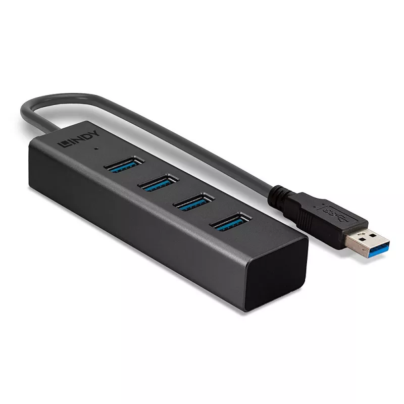 Lindy 43324 hub USB 3.0 de 4 puertos, USB 3.2 Gen 1 Type-A, 5 Gbit/s, cable integrado, aluminio/plástico, negro