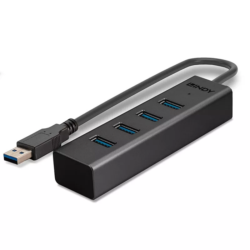 Lindy 43324 hub USB 3.0 de 4 puertos, USB 3.2 Gen 1 Type-A, 5 Gbit/s, cable integrado, aluminio/plástico, negro