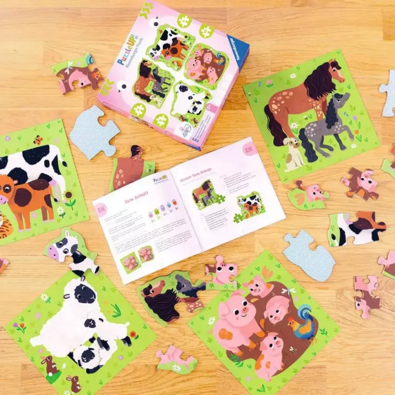 Puzle Ravensburger UP! Animales de granja – set progresivo 4, 6, 8, 10 piezas