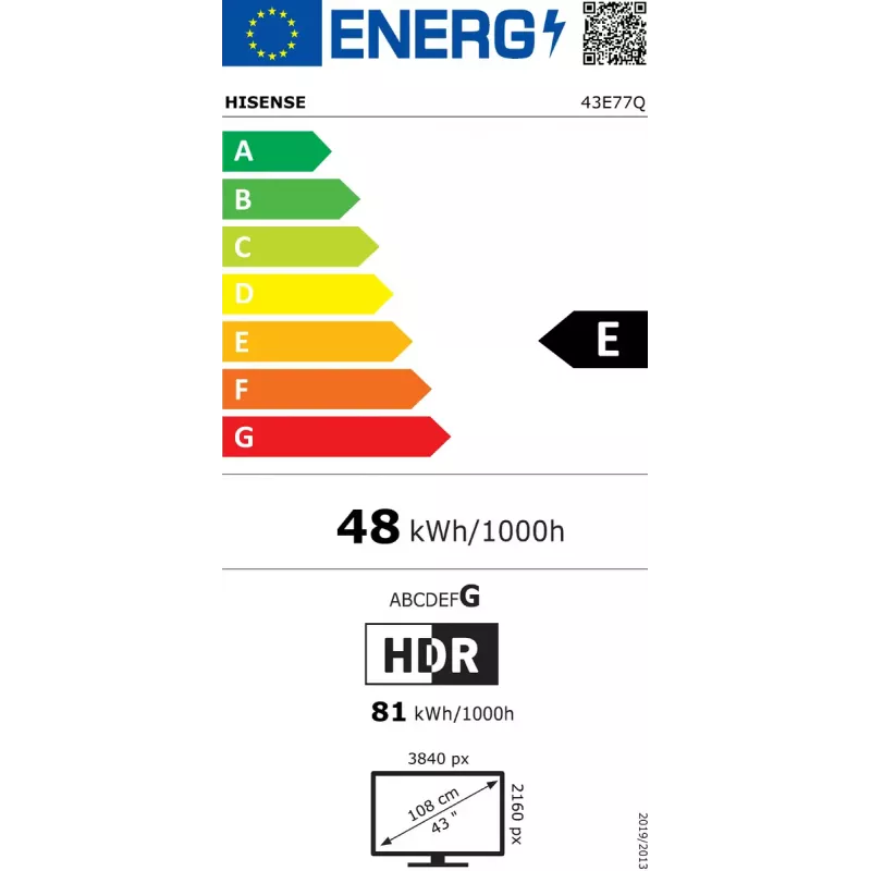 Hisense 43E77Q 109,2 cm (43") QLED 4K Ultra HD Smart TV, VIDAA, Dolby Vision, Wi-Fi, triple sintonizador, negro