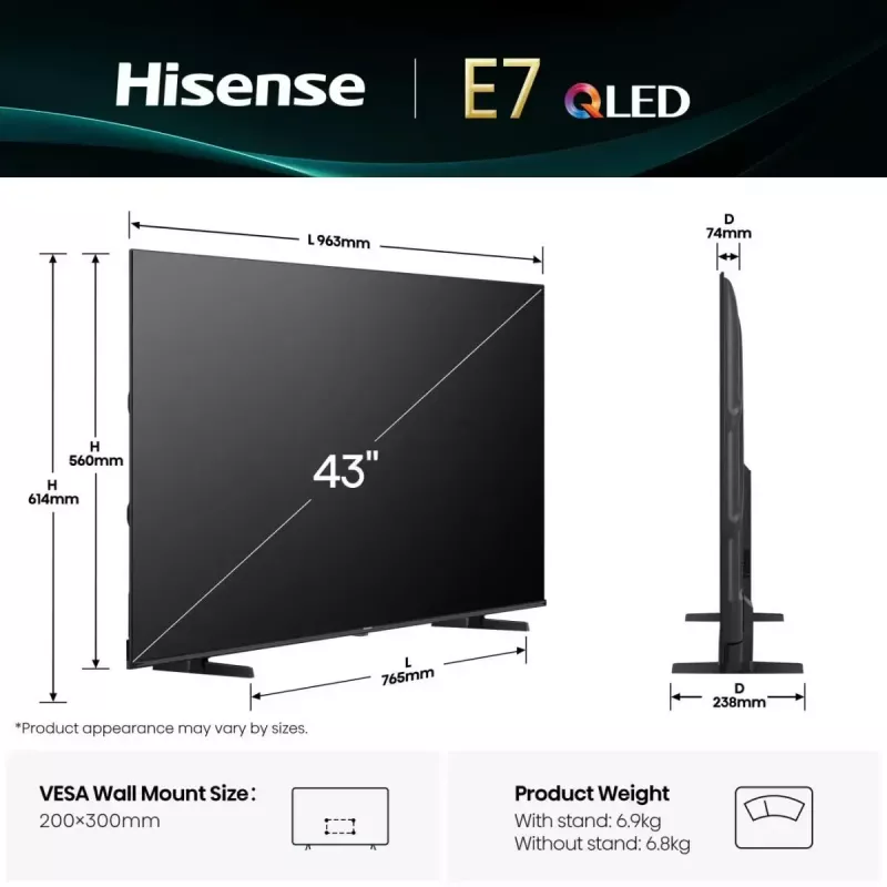 Hisense 43E77Q 109,2 cm (43") QLED 4K Ultra HD Smart TV, VIDAA, Dolby Vision, Wi-Fi, triple sintonizador, negro
