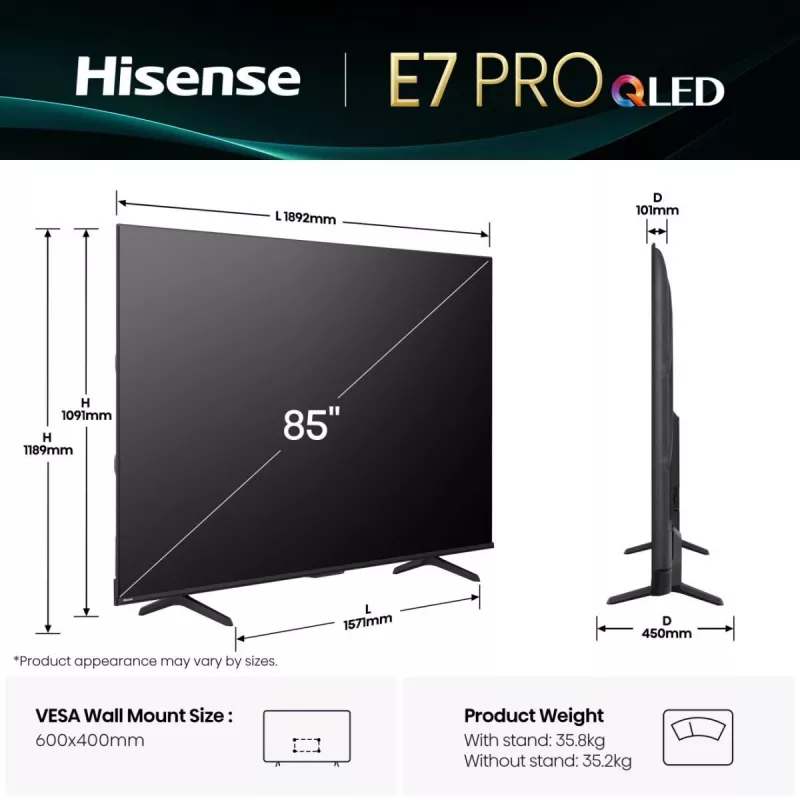 Hisense 85E77Q PRO 2,16 m (85") QLED 4K Ultra HD Smart TV, 144 Hz, Wi-Fi, triple sintonizador, grabación por USB, negro