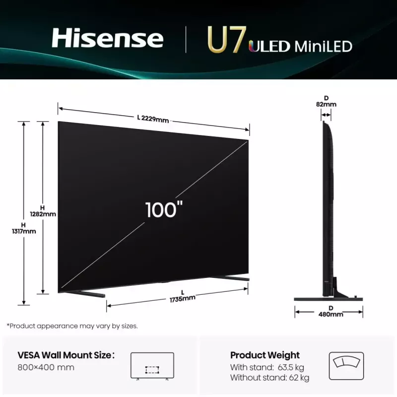 Hisense 100U7Q 2,54 m (100 inch) 4K Ultra HD Smart TV Wi-Fi negro