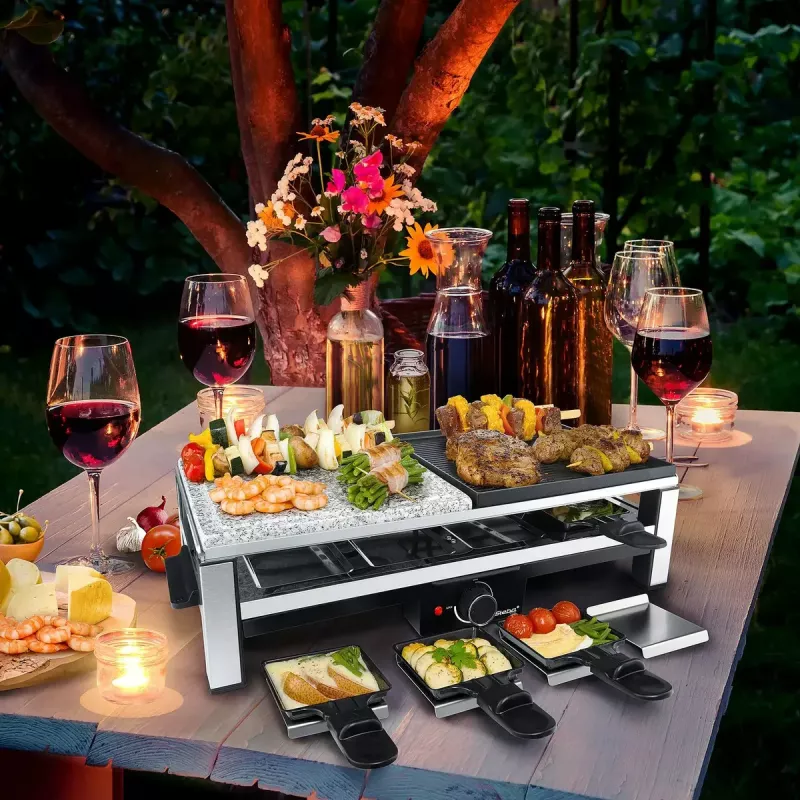 Steba RC 108 Grill Multi-Raclette, 2000 W, 8 sartenes, acero inoxidable/negro