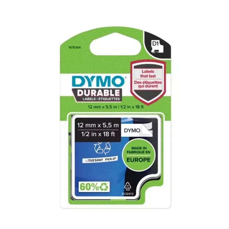 Etiquetas DYMO Authentic D1 Durable | Impresión negra sobre cinta blanca | 12 mm x 5,5 m | Cinta de etiquetas de alto rendimiento para impresoras de etiquetas LabelManager