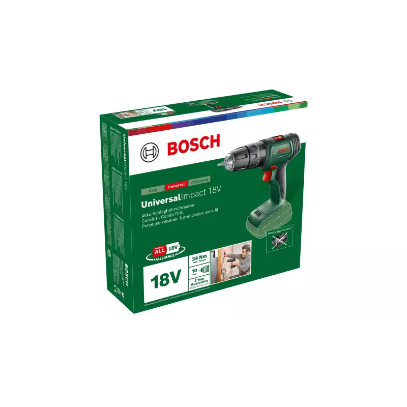 Bosch UniversalImpact 18V 06039D4100 taladro atornillador de percusión a batería, 1450 rpm, portabrocas sin llave, sin batería ni cargador, verde/negro