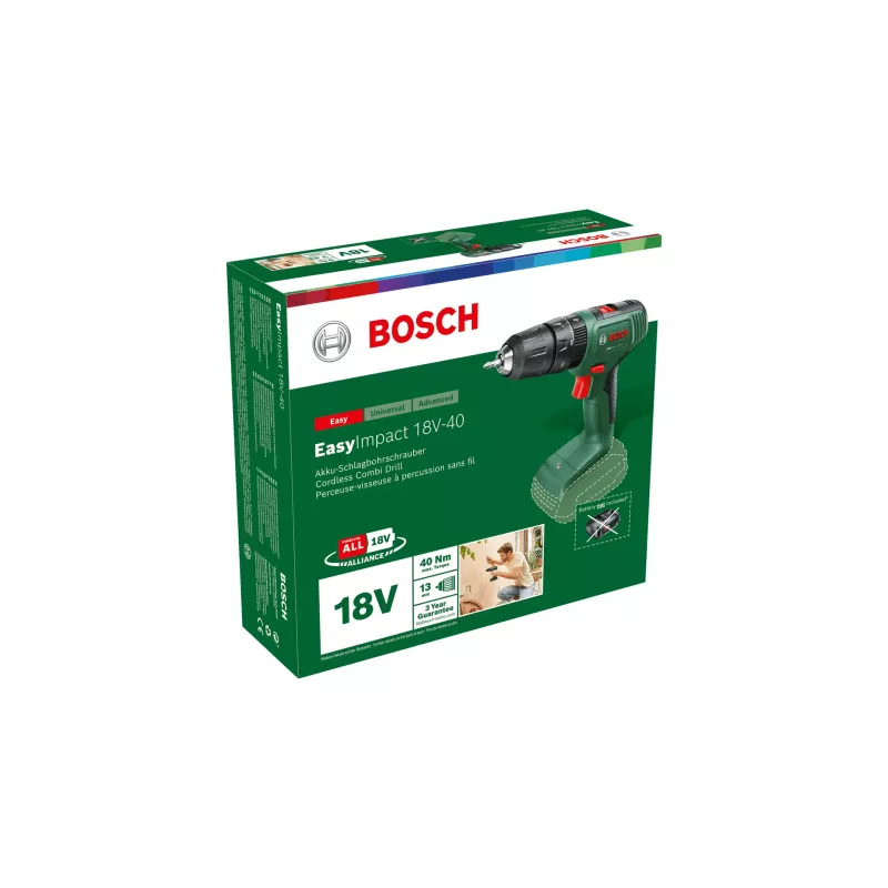 Bosch EasyImpact 18V-40 06039D8100 taladro atornillador de percusión a batería, 1630 rpm, 24450 golpes/min, portabrocas sin llave, sin batería ni cargador, verde/negro