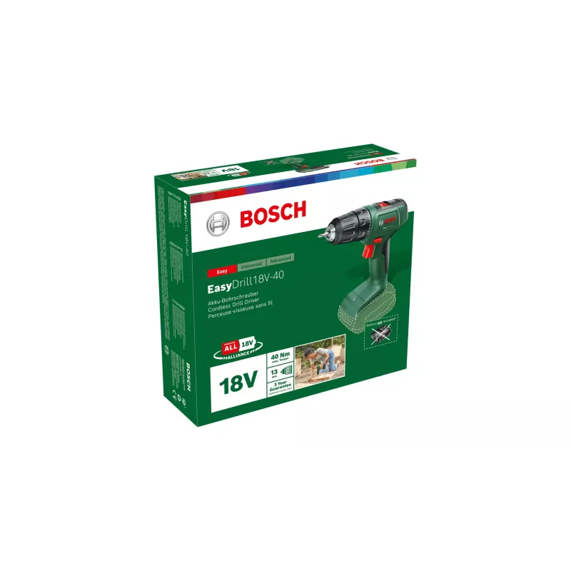 Bosch EasyDrill 18V-40 06039D8000 taladro atornillador a batería, 40 Nm, 1630 rpm, 2 velocidades, sin batería ni cargador, verde/negro