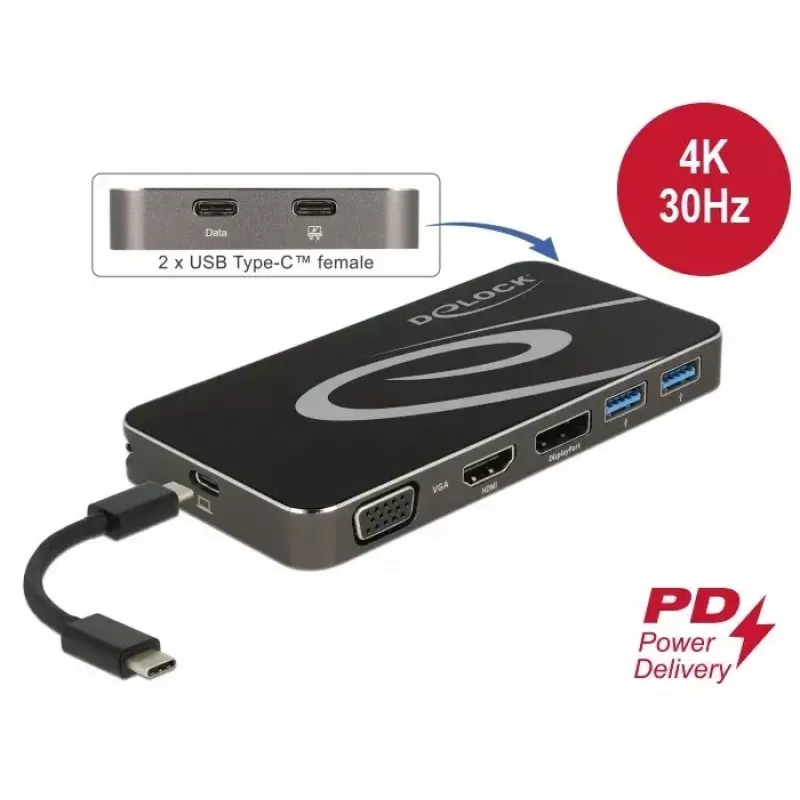 Base de acoplamiento DeLOCK USB Type-C 3.2 4K HDMI DP 1080p VGA USB Hub PD 3.0
